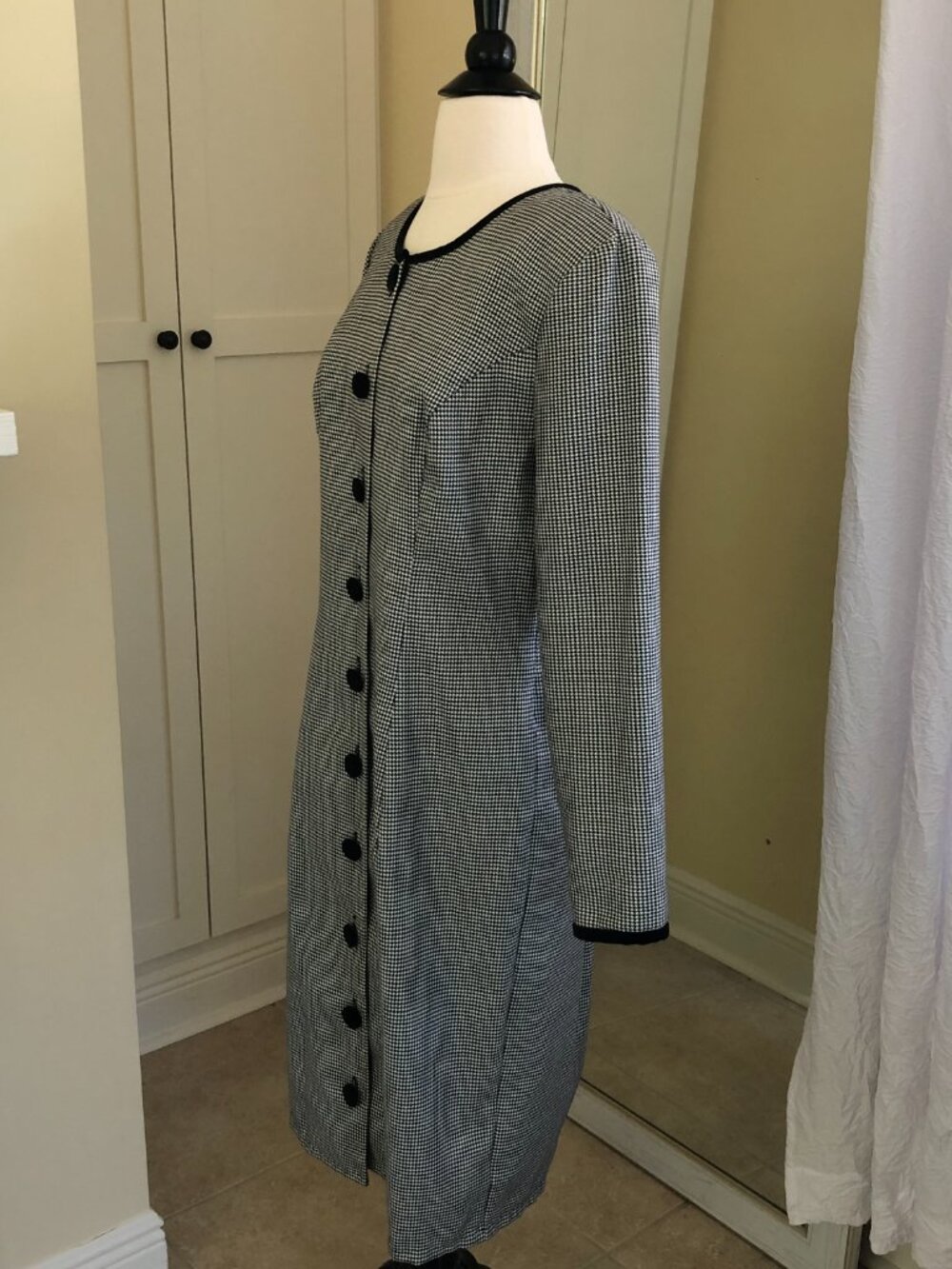Vintage Misty Lane Midi Dress Sz 14 Black White Houndstooth L/S 90s Office Chic